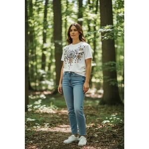 Vintage KWBL White One Size Painted Embellished Festive Geometric Motif T-Shirt